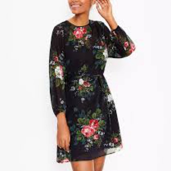 LOFT black Floral Long Sleeve Tie Waist Dress Sz L - Picture 1 of 14